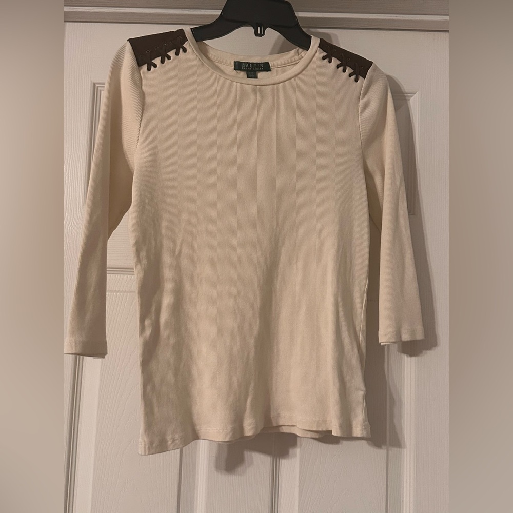 LAUREN Ralph Lauren Ribbed Top with Brown Accents Size Large